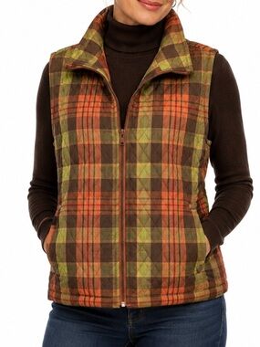 SOUTHERN LADY QUILTED ORANGE & GREEN PLAID FULL ZIP VEST SZ 3X EUC